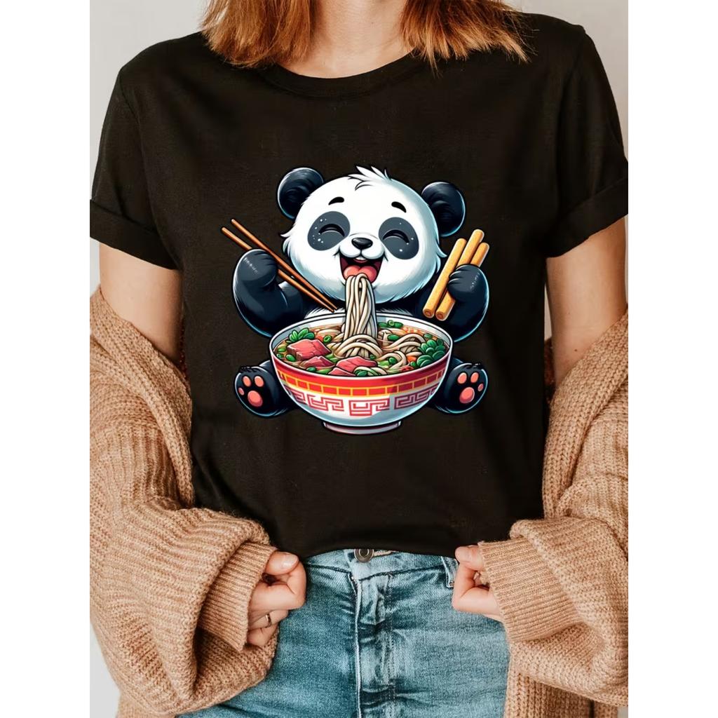 Cute Panda Eating Ramen Anime Kawaii Graphic T-Shirt - Soft Short Sleeve Crew Neck Casual Top