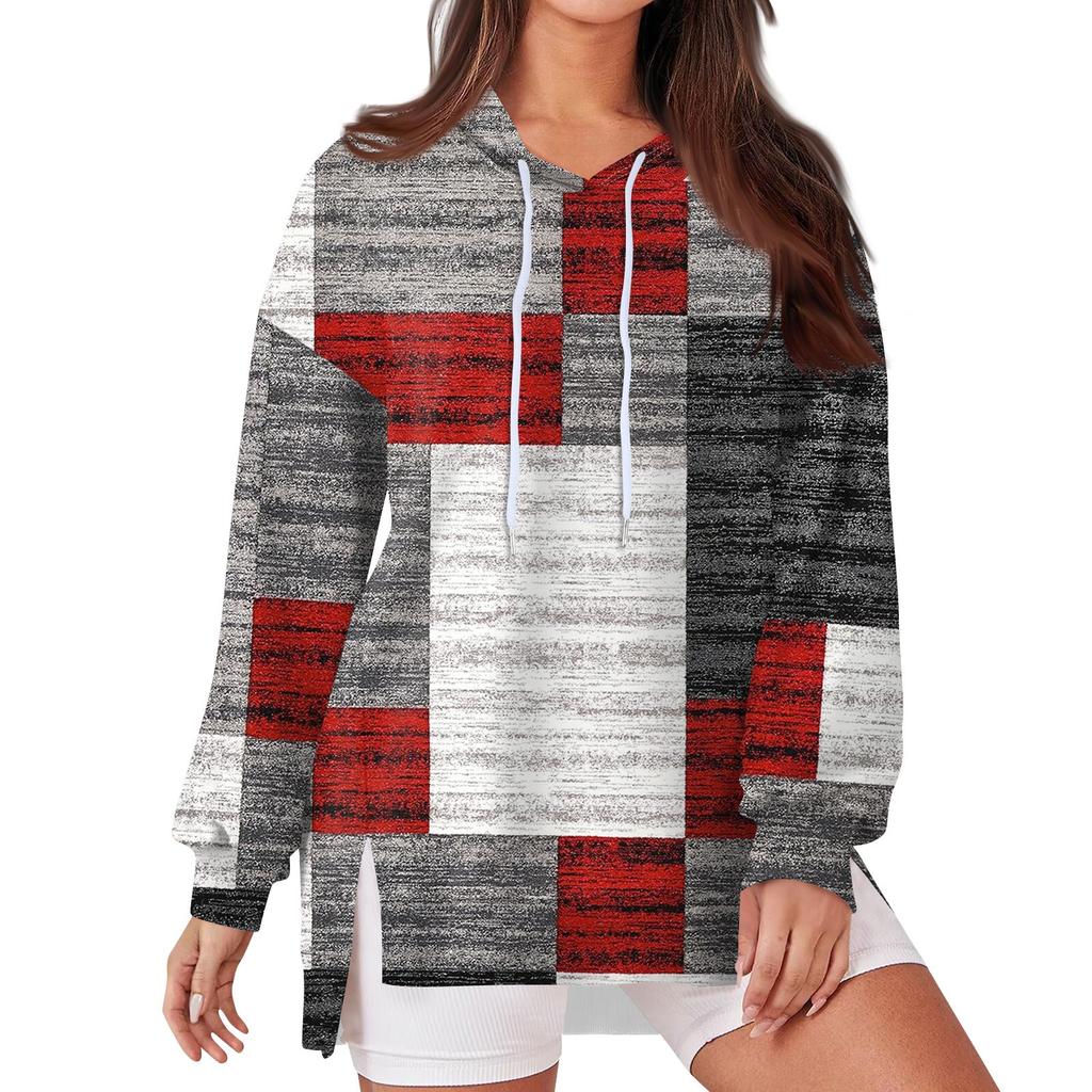 Women's Fashionable Casual Hoodie Long Sleeved Drawstring Pullover Geometric Splicing Printed  Loose Slit Sweatshirt