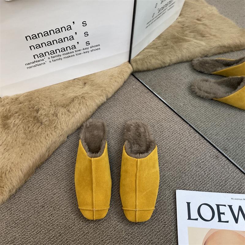Премиум-туфли Lazy Muller с квадратной головкой и глубоким ртом, плюшевые теплые полутапочки Baotou с плоской подошвой, женская верхняя одежда