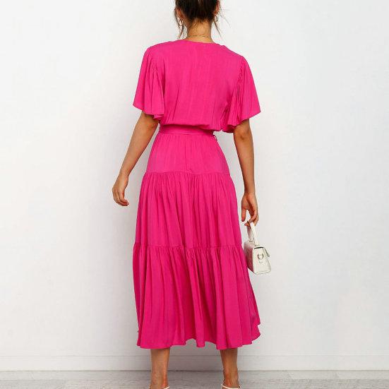 Женское летнее платье миди с v-образным вырезом и короткими рукавами, пояс с высокой талией и рюшами, однотонное платье трапециевидной формы, уличная одежда