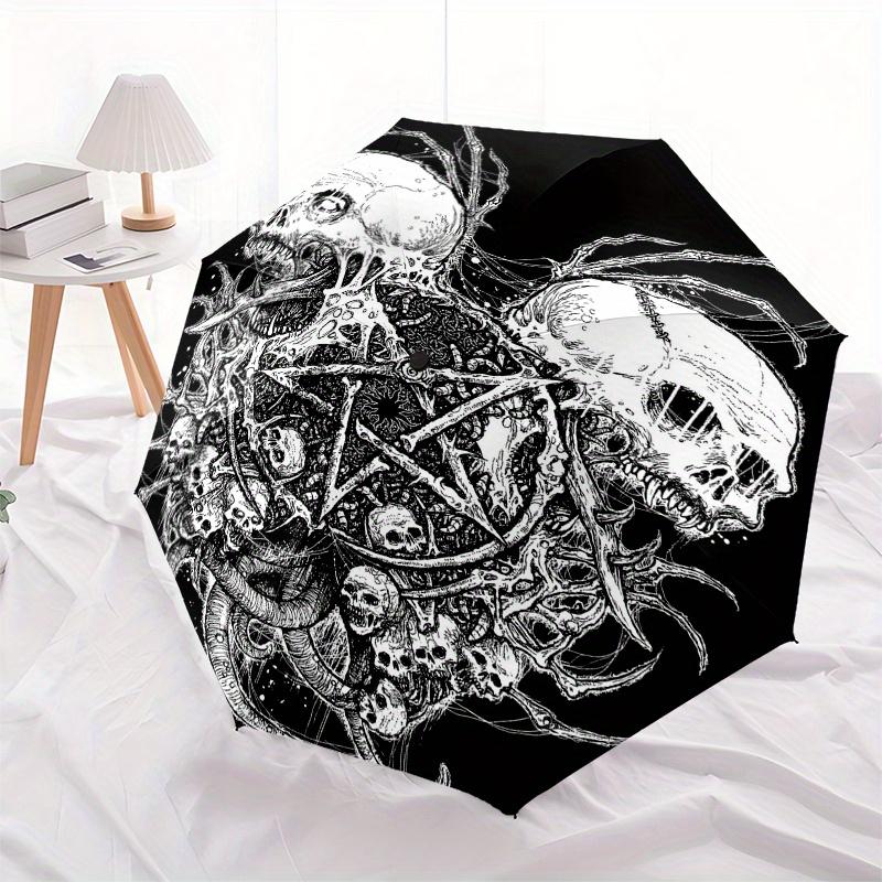 "Dark Gothic Skulls & Pentagram Button Pin" Umbrella, Cute Umbrella with Cute Design, Portable 3-Fold Compact Umbrella for Men & Women, Valentine's Da