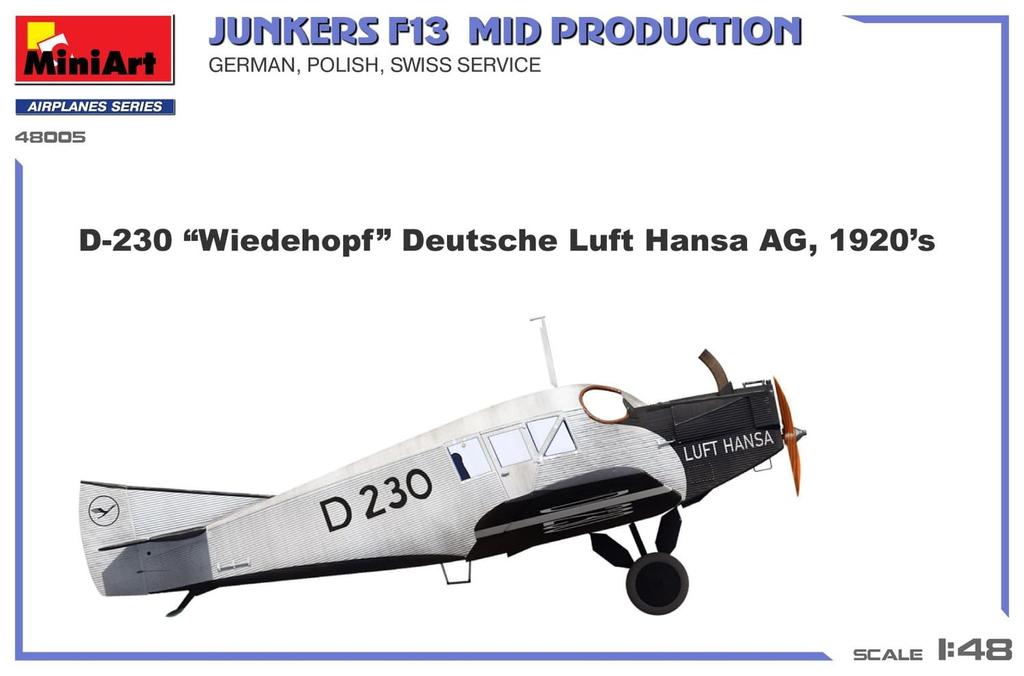 MiniArt Junkers F13 Швейцария Набор пластиковой модели MA48005 1/48 Средняя серия Германия, Польша, (Самолет)