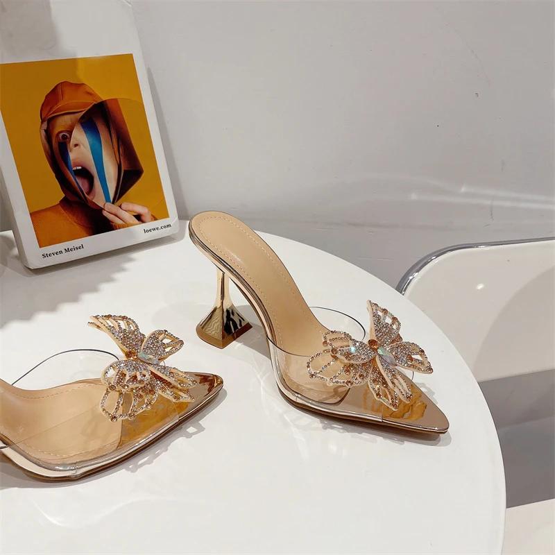 Женские прозрачные тапочки из ПВХ, модные сексуальные летние босоножки с открытым носком и стразами, с бантом, с острым носком, на высоком каблуке, для выпускного вечера