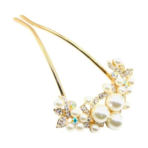 U-образная заколка Miaomyao, японский стиль, аксессуар для волос для юкаты/кимоно, гребень для волос с жемчугом, античное розовое золото, цветочный мотив, кубический цирконий, сплав,