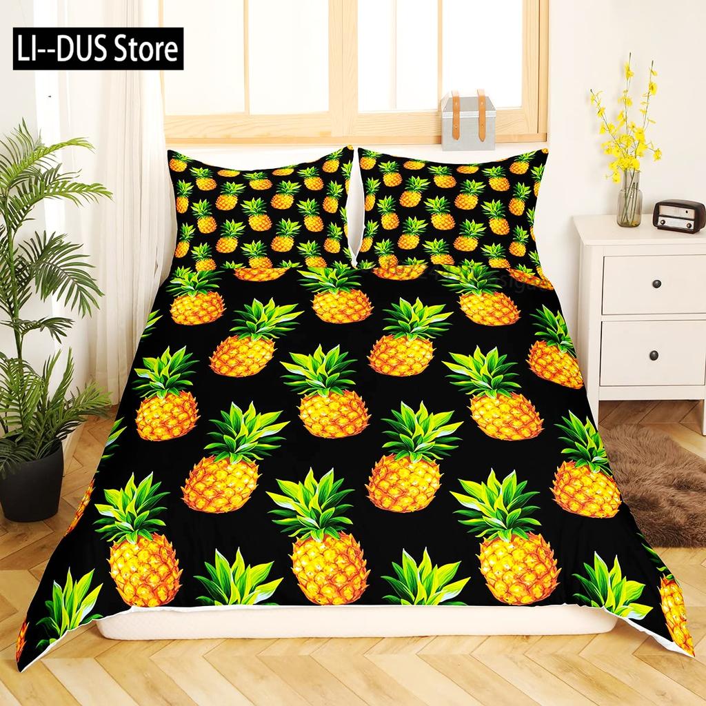 Pineapple Duvet Cover Set Tropical Theme Vintage Style Fruit Pattern Decor 3 Piece Bedding Set with 2 Pillow Shams Full Size