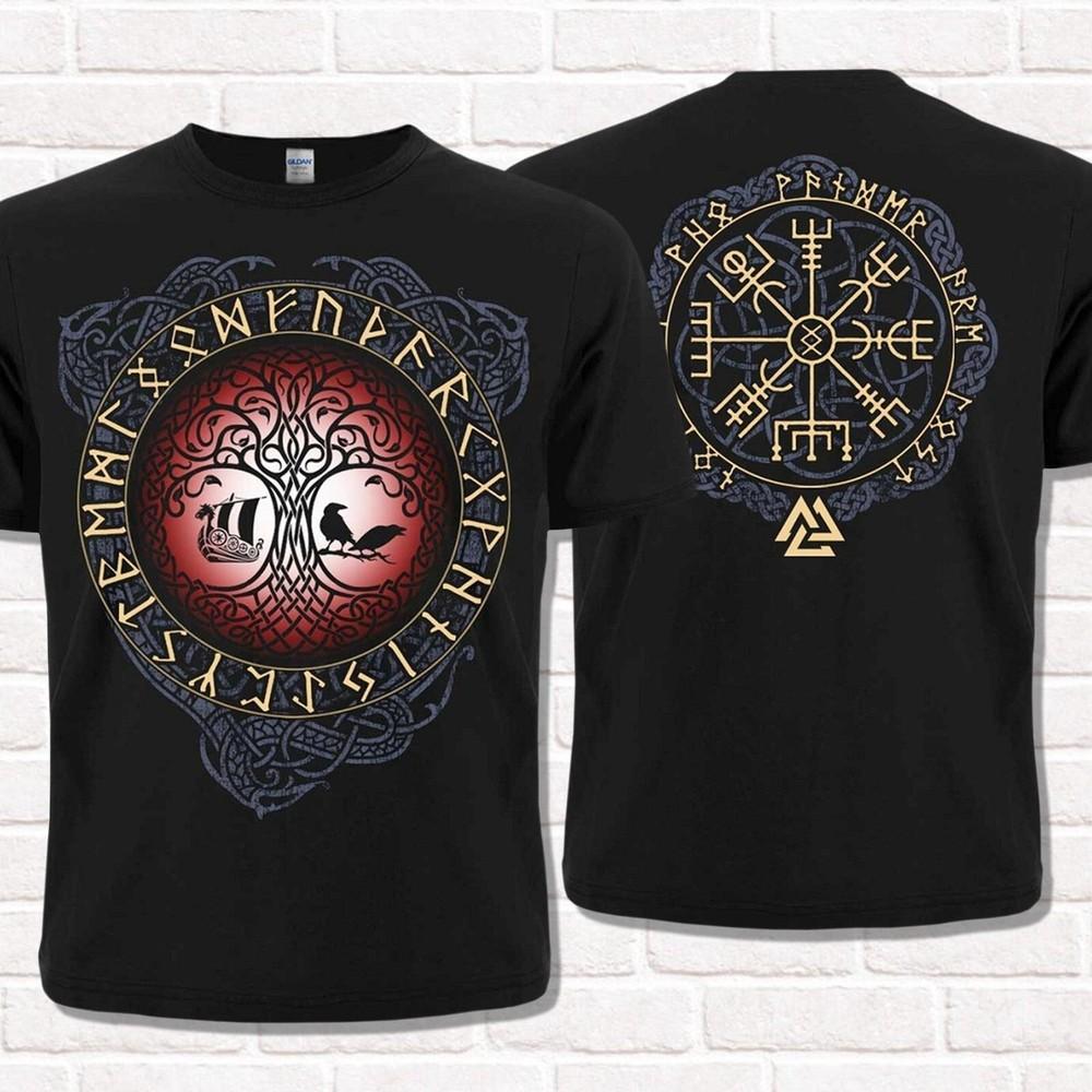 Yggdrasil T-Shirt Vegvisir, Runic Compass. Viking style. Asatru. Drakkar.