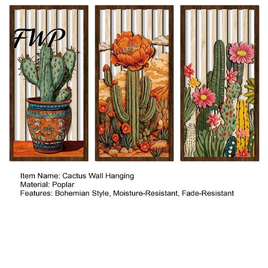 Cactus Wood Wall Decor 3PCS Boho Wooden Art, Desert Floral Hanging, Decorations for Bedroom Southwestern Botanical Prints Hanging Home Living
