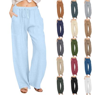 Женские летние свободные брюки из хлопка и льна с эластичным поясом и внешним карманом