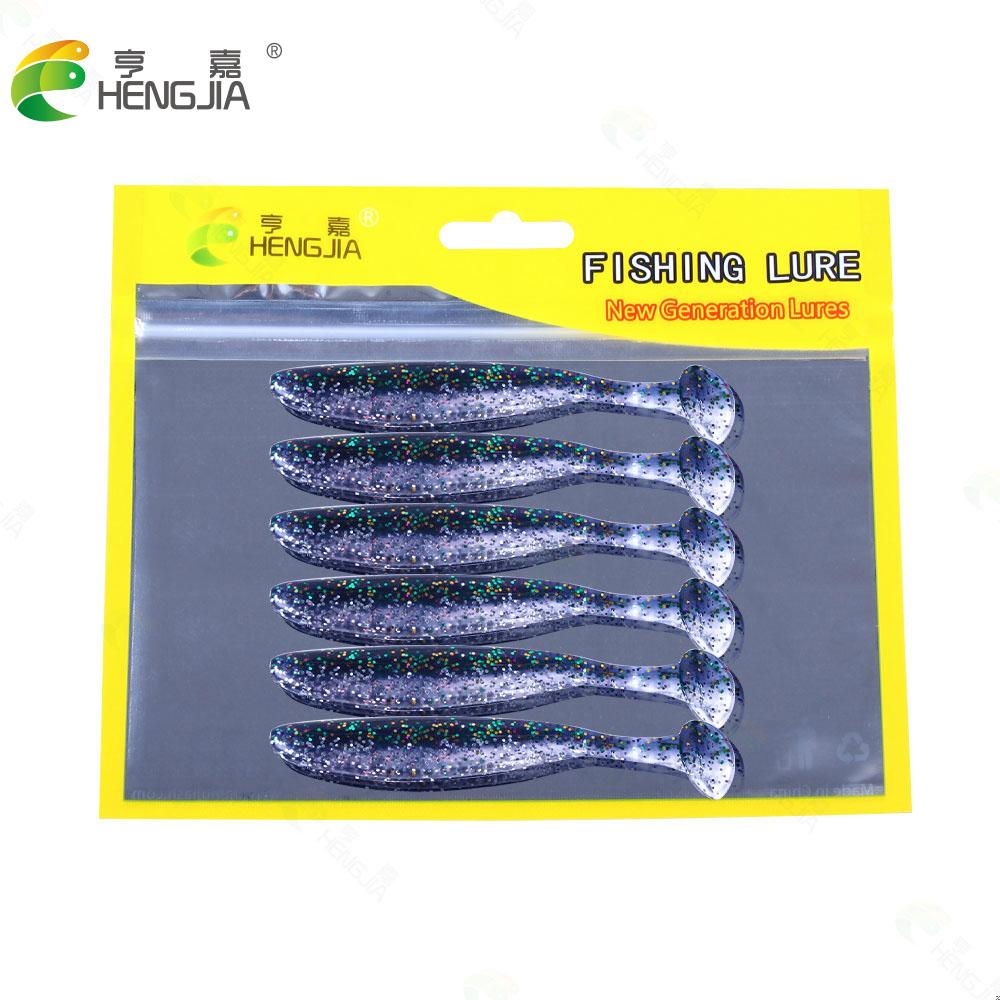 HENGJIA 6 шт., двухцветные блестящие рыболовные приманки, мягкая приманка, 9 см, искусственная приманка, снасти, джеркбейты, приманка для плавания, Т-образный хвост для щуки и окуня