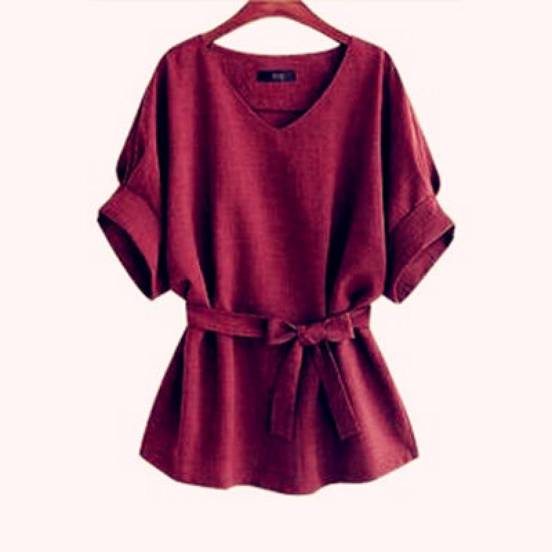 Summer V-Neck Cotton & Linen Bat Sleeve Shirt - Loose Fit, Plus Size Trend