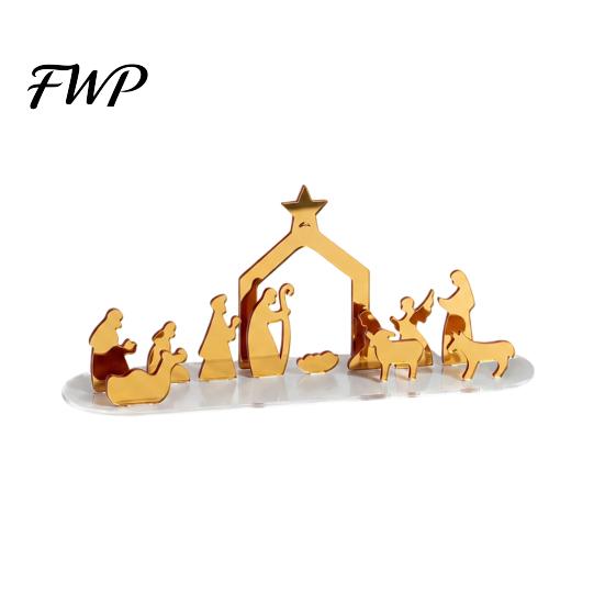 Christmas Tabletop Decorations Acrylic Ornament, Mirrored Golden Silhouette Scene, Decorative Living Room Table Decor Desktop Display for Holiday