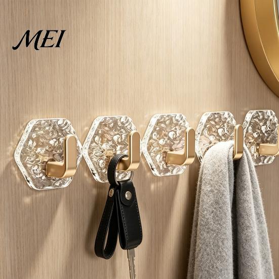 Wall Storage Hooks Acrylic Adhesive Hooks, Hexagonal Wave Shape, No Drilling Easy Transparent Installation Hook, Modern Style Clear for Bathroom