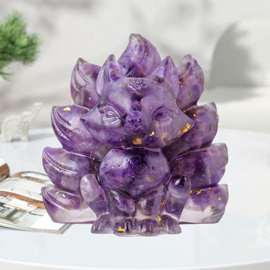 Статуэтка из натурального камня в виде девятихвостой лисы, позитивная целебная энергия, вырезанная вручную из цветного искусственного кристалла, сидящая статуя животного для домашнего офиса и рабочего стола