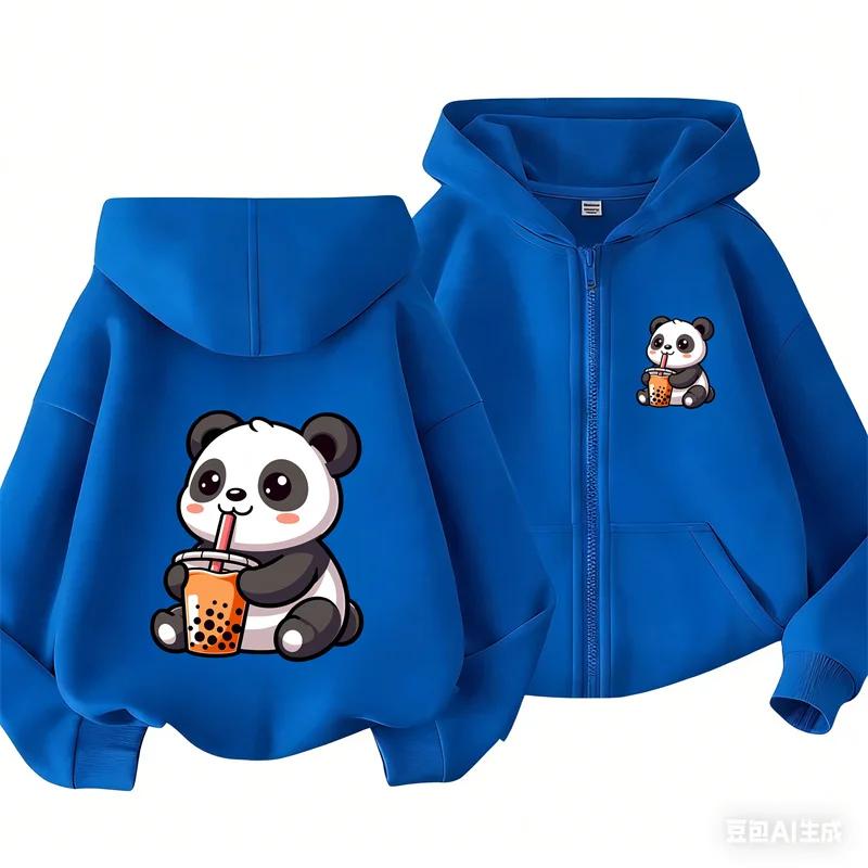 Boba Milk Tea Panda Front Back Cartoon Print Zip Up Hoodie For Kids Long Sleeve Lovely Animal Casual Daily Outerwear