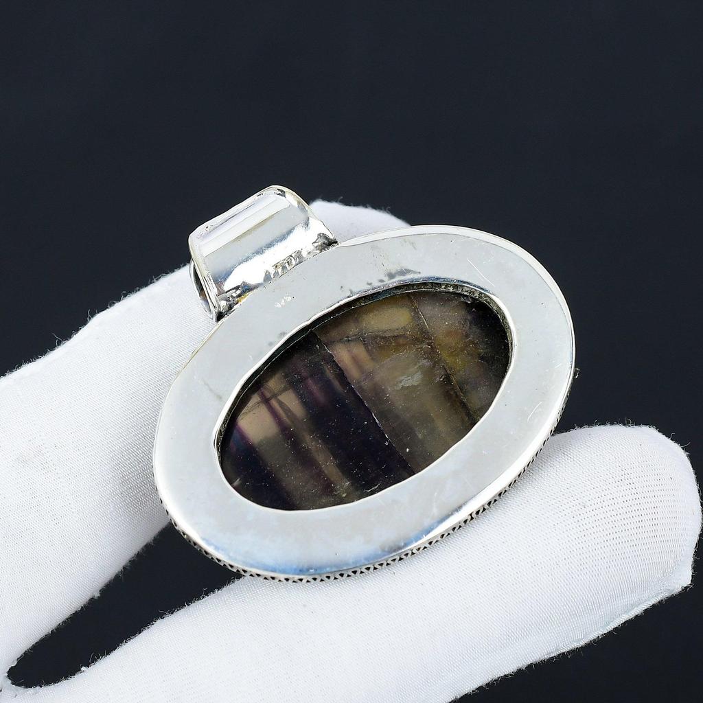 Natural Fluorite Gemstone Silver Pendant in 925 Sterling Silver- Handmade Design, Everyday Wear Jewelry, Antique Pendant Gifts For Mom