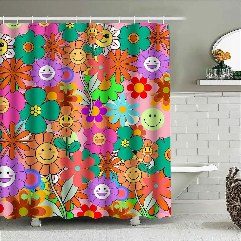 Яркая цветочная шторка для душа с веселыми лицами добавит яркий акцент в декор вашей ванной комнаты