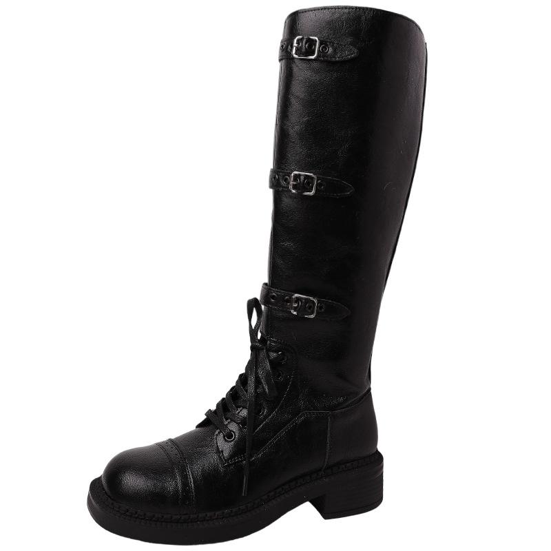 Дизайнерские локомотивные сапоги с пряжкой на ремне женские 2025 осень и зима ретро европейские и американские на толстой подошве на толстом каблуке модные сапоги на высоком каблуке