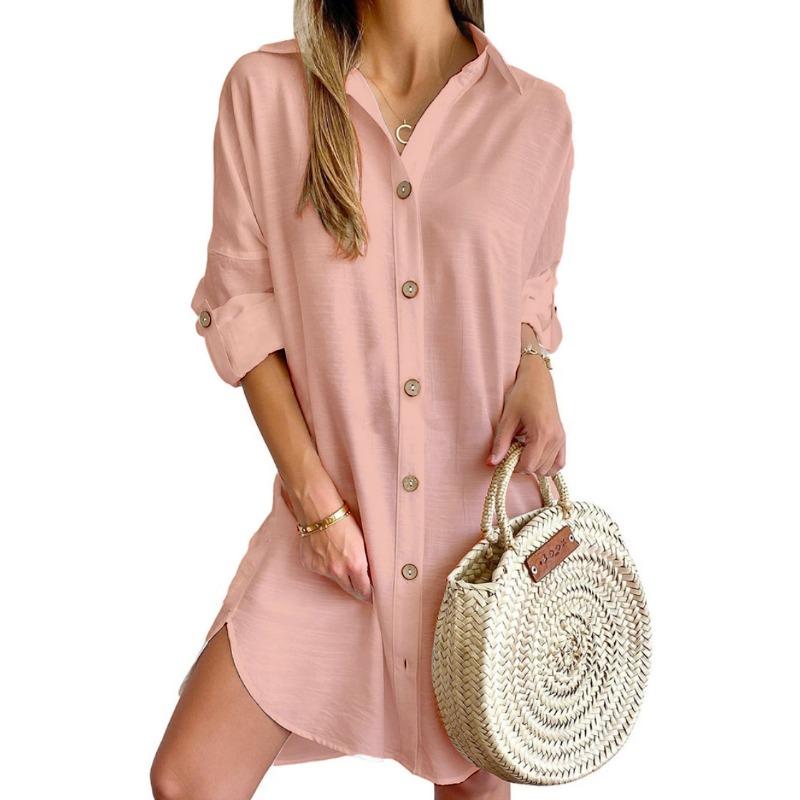 Spring and Autumn Women's Casual Long Sleeve Lapel Button Down Shirt Dress