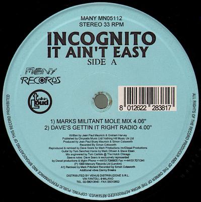 12-дюймовая пластинка INCOGNITO - It Ain't Easy MN05112 Many Records 1999 США Танцевальная и электронная музыка Б/у