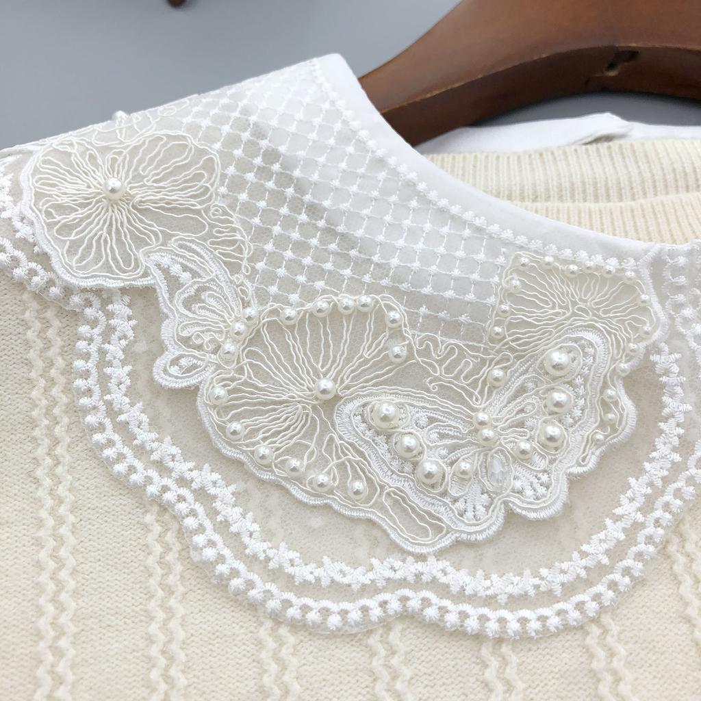 Women's Embroidery Shirt Detachable Collar Girls False Collars Lace Handmade Beads Removable Fake Collar Necklace Accessory
