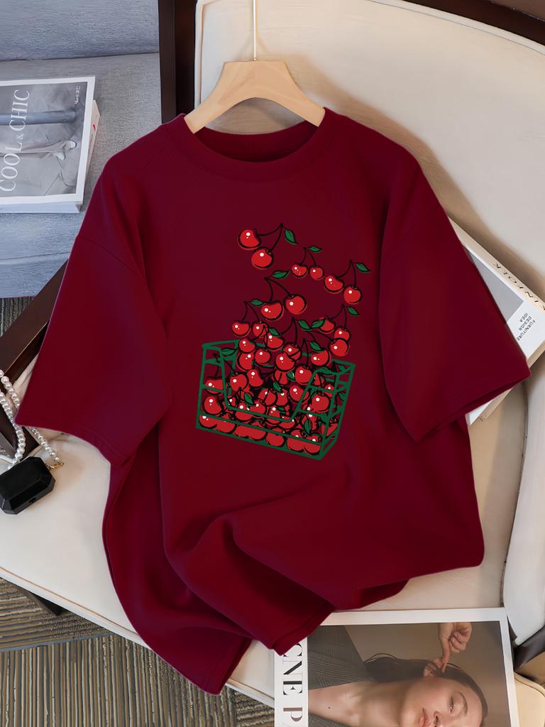 Женская футболка с принтом «Корзина вишен», дышащая, повседневная, летняя, с коротким рукавом, мягкая, свободная, уличная одежда