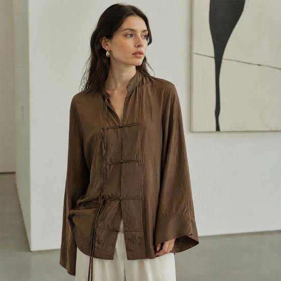 Handmade Button Shirt Women Stand Collar Shirt, Chinese Frog Blouse for Early Summer Casual Outfit Fall, Loose Solid Color Long Sleeve Top Spring Wear