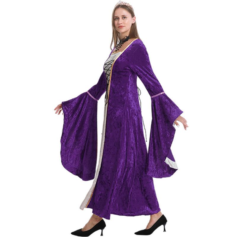 Hot Sale Women's Medieval Costumes Golden Velvet Straps Horn Sleeves Long Dresses Party Stage Performance Costumes