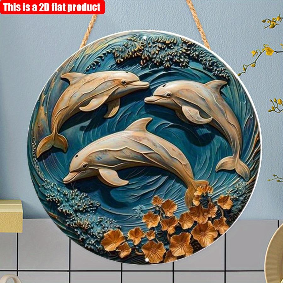2D плоская 20*20см 1шт. Круглая деревянная подвеска с узорами в виде трех дельфинов, морская тематика, декоративная тарелка, подходит для ресторана, окна и коридора