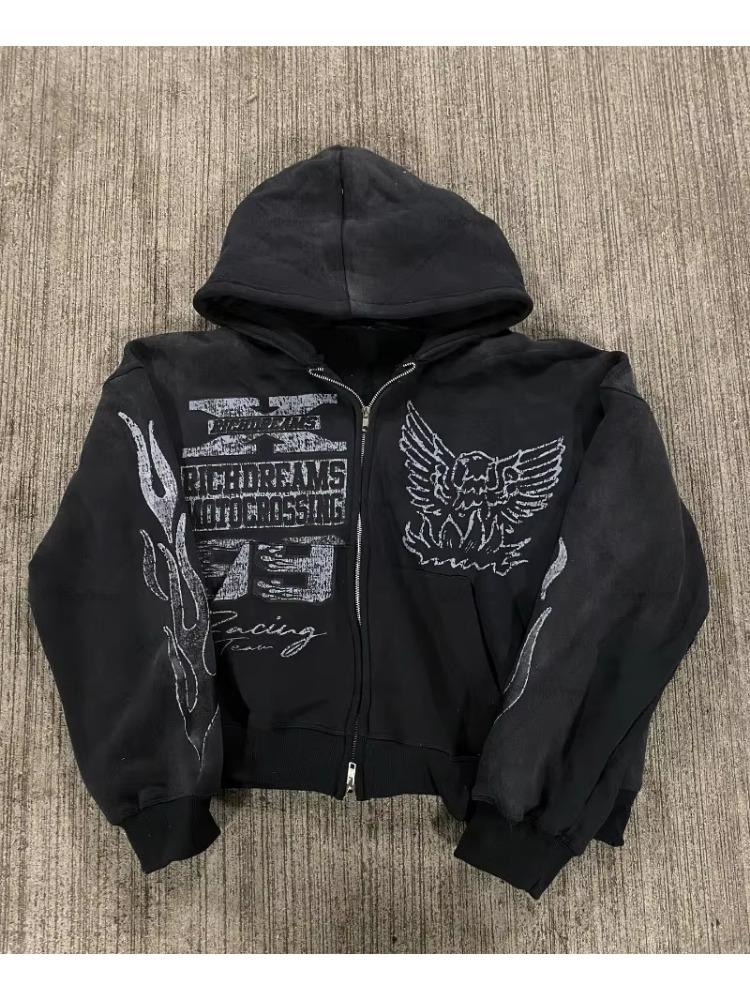 Европейская и американская мода повседневная свободная толстовка с капюшоном для мужчин Y2k ретро аниме принт куртка готическая толстовка на молнии в стиле Харадзюку