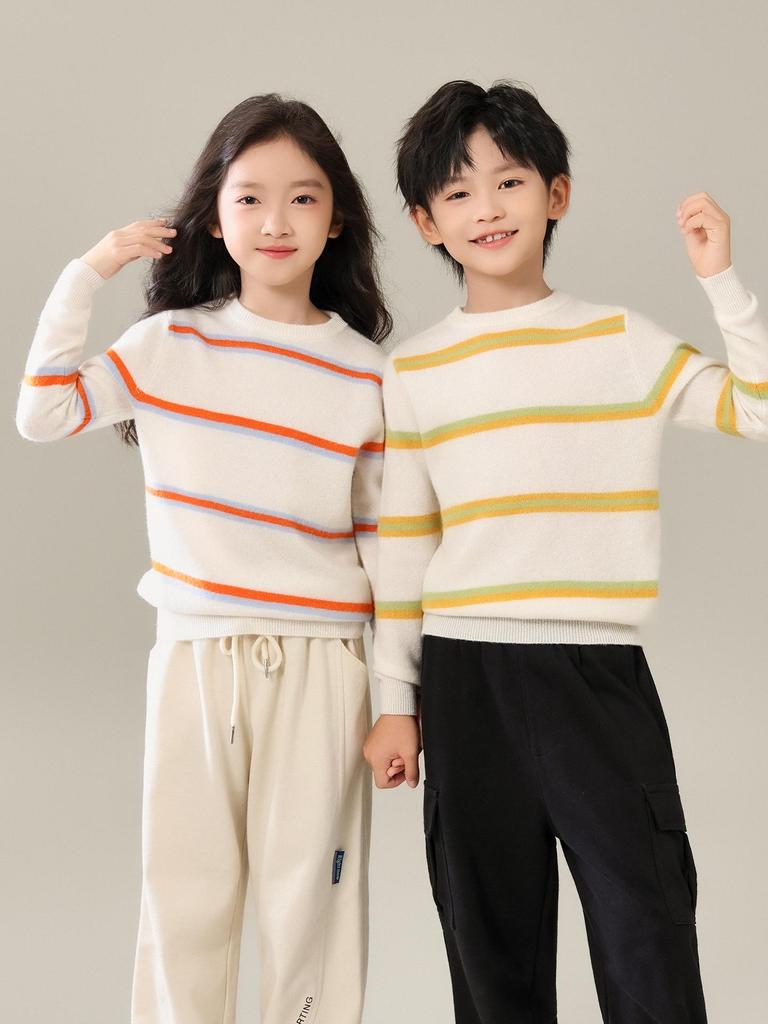 Striped Crew Neck Wool Sweater for Boys & Girls - Autumn/Winter Slimming Base Layer Knitwear, Loose Short Elegant Style.