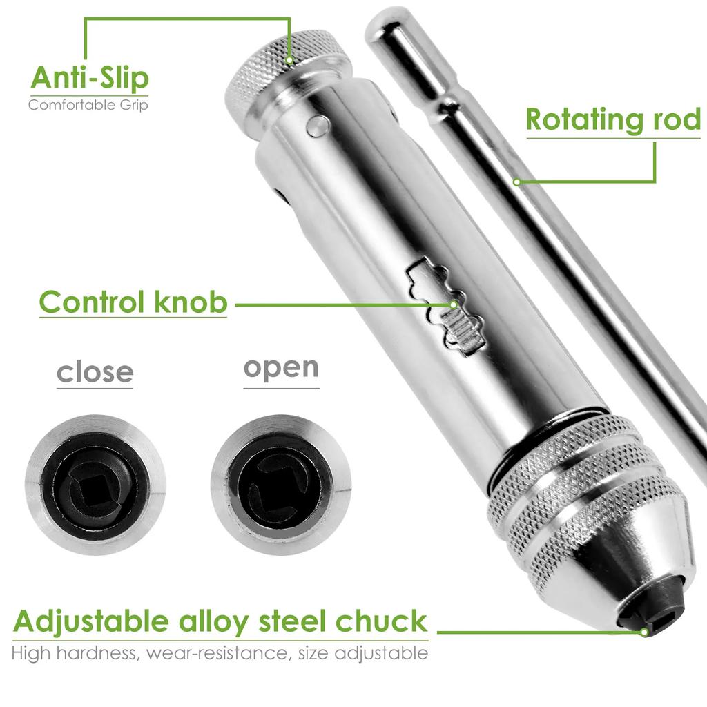 2 шт. Трещоточный ключ Регулируемый держатель с Т-образной рукояткой, Трещоточный метчикодержатель Т-образного типа для метрических резьбовых метчиков M3-M8 / M5-M12, Ручной инструмент