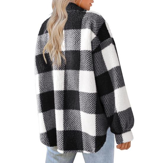 Fall Winter Women Jacket with Fake Pockets Contrast Color Plaid Print Plus Size