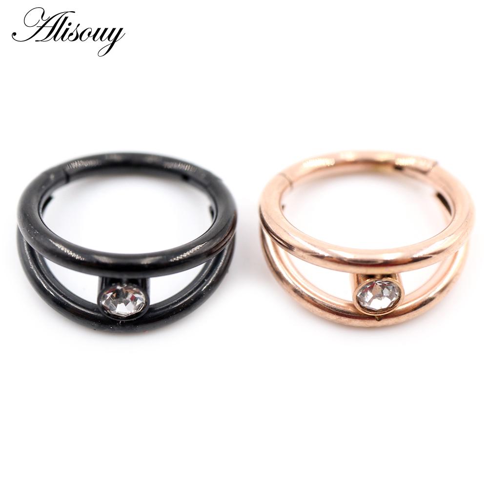 Alisouy 1pc Two Layers Zircon CZ Cartilage Earrings Stainless Steel Hinged Piercing Septum Clicker Nose Rings Hoop Segment Rings