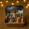 1/2Pcs Jesus Crucifixion Scene Set in Tin Box Handcrafted Pocket Size Miniature Jesus Resurrection Tin Resin Ornament Religious Decoration
