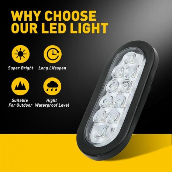 2 White 6" Oval Trailer Lights LED Turn Tail Stop Truck Sealed Grommet Plug DOT