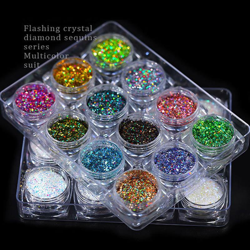 12Jars/set Christmas Holographic Glitter Sequins Colourful Chunky Glitter Nail Art Sequins Mixed-Size Xmas Girl Manicure Glitter