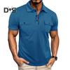Men's Lapel T-shirt with Chest Pockets Short Sleeve Button-up Collar Tee Solid Color Casual Pullover Tee Shirt for Gym Streetwear