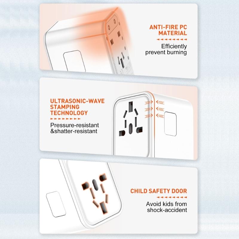 Адаптер с вилками для путешествий по всему миру 45 Вт 65 Вт, поддерживает более 300 стран, с двумя портами USB C и USB A