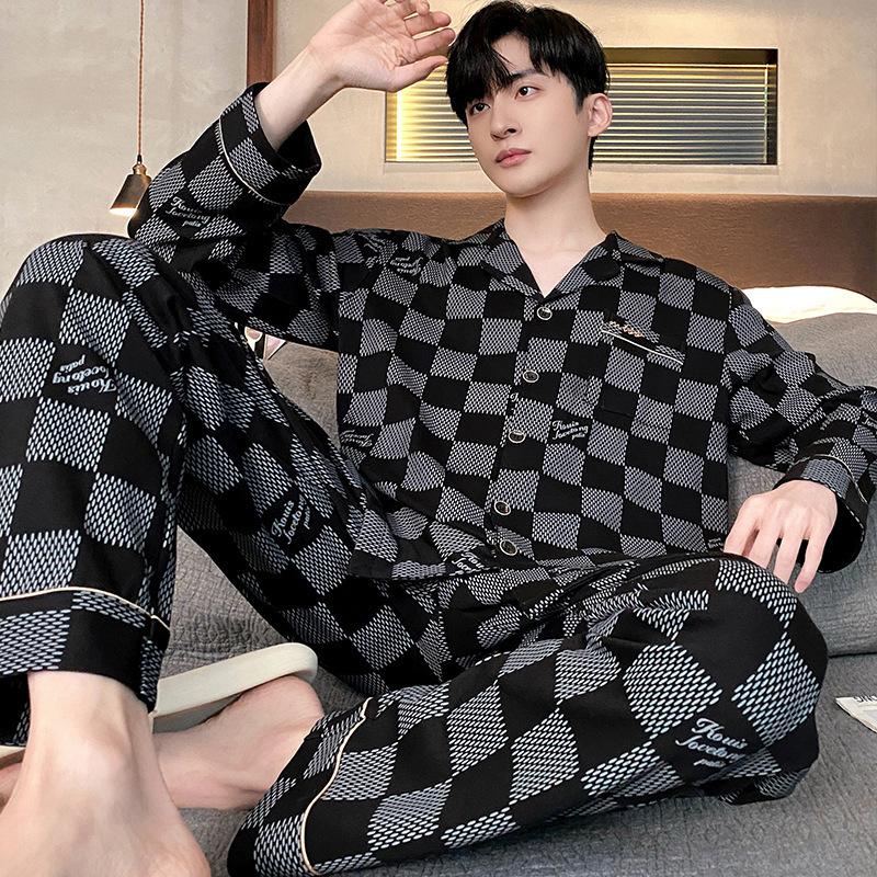 Хлопковая мужская пижама весна-осень с длинными рукавами ночная рубашка новый кардиган в клетку домашняя одежда для сна одежда для отдыха