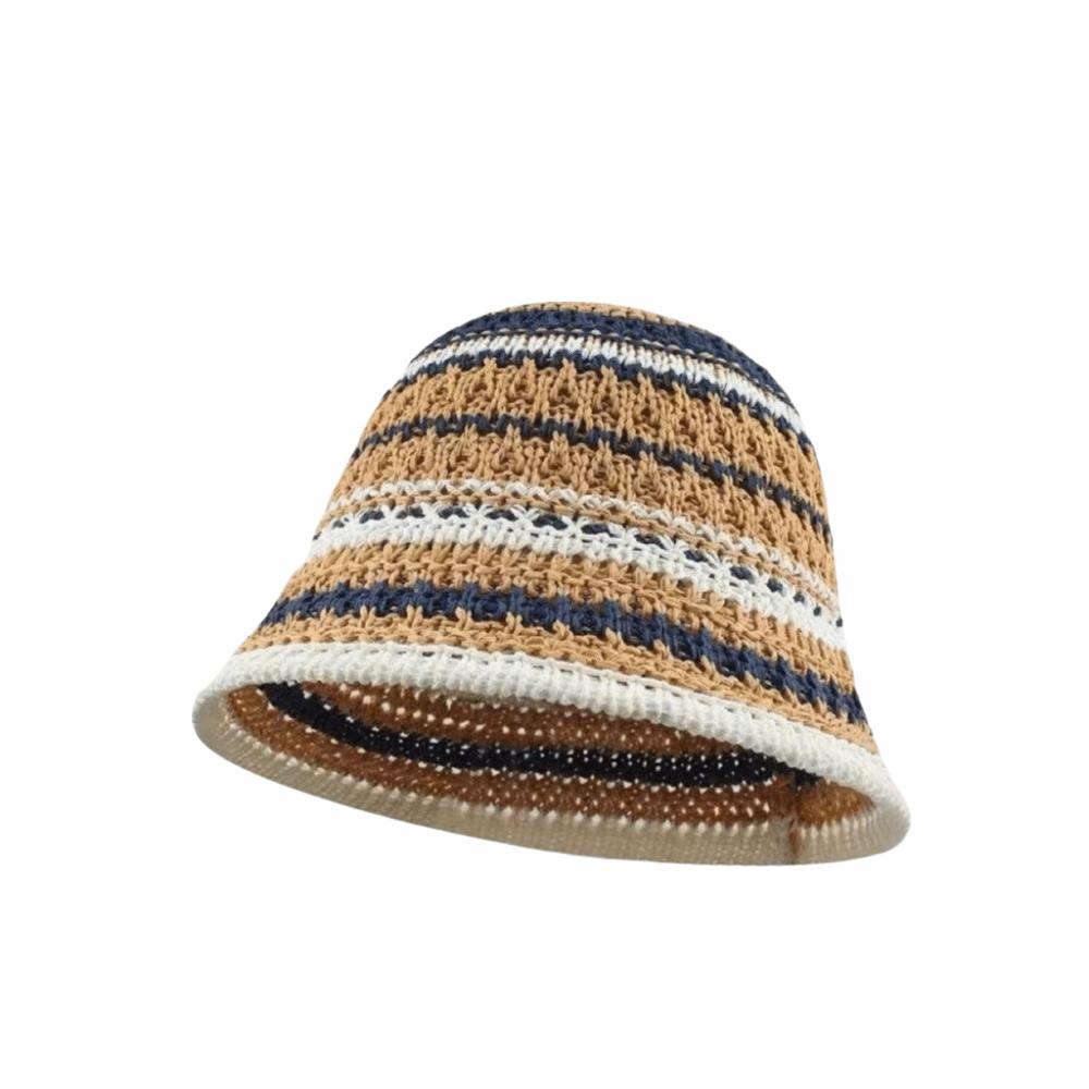 Striped Knitted Hollow Fisherman Hat UV Protection Breathable Straw Bucket Cap Big Eaves Multicolor Thin Sunshade Hat Travel