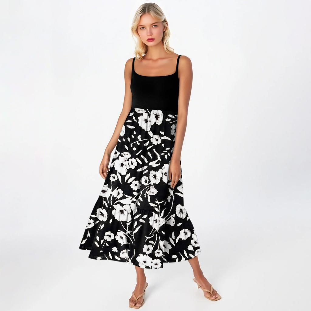 Women's Long Beach Casual Elegant Spaghetti Strap Maxi Dress Floral Low-key Flowing Bohemian Dress