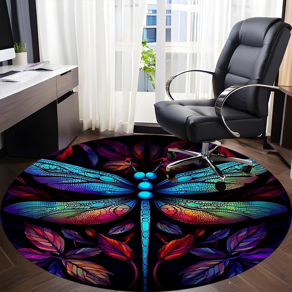 1PC Dragonfly StainedGlass Office Round Area Rug,  Mat Suitable ForOffice, Under Office Chairs Bedroom Living Room Home Decor, Room Deco