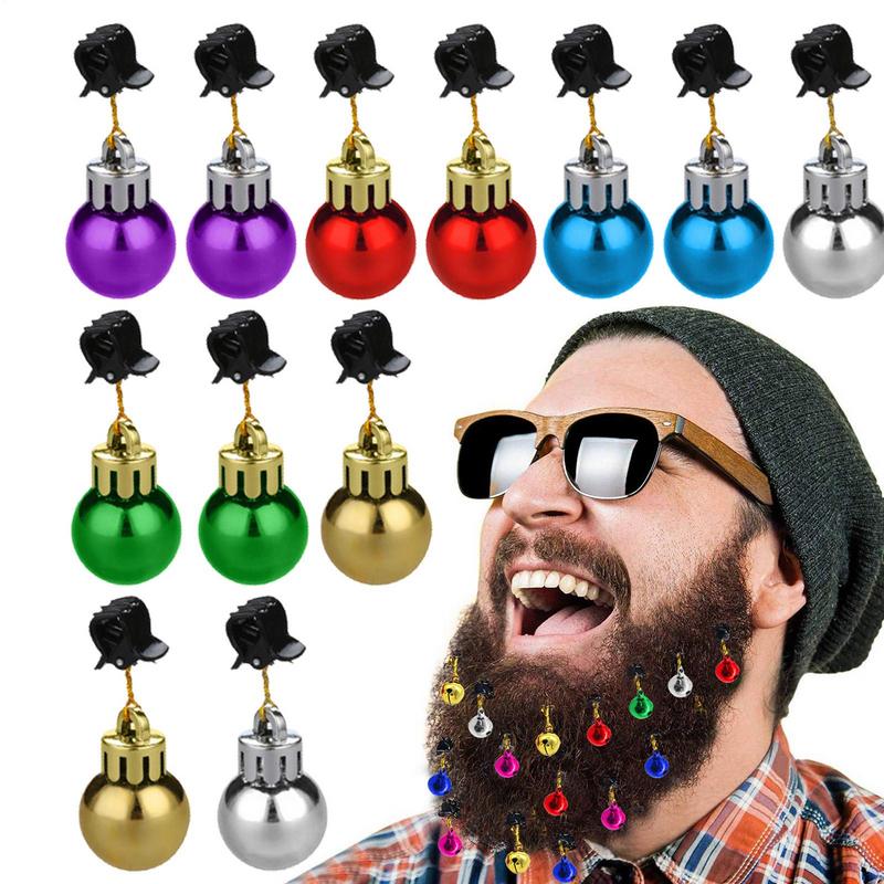 12Pcs Christmas Beard Baubles Ornaments Colorful Ball Bell Beads Beard Clip for Men New Year Navidad Party Decoration Supplies