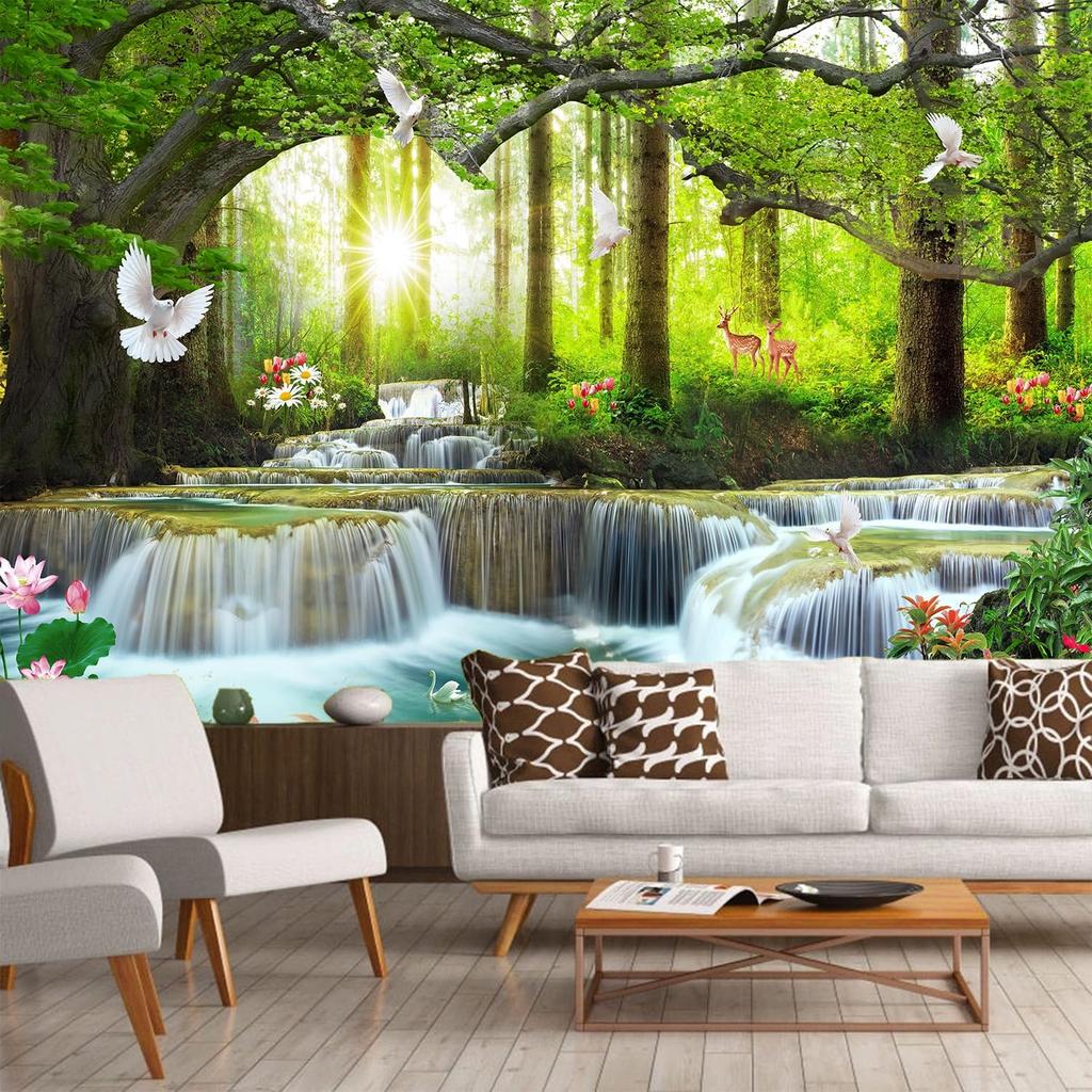 Sunny Forest Waterfall Wall Mural Nature Landscape Wallpaper for Home Decor