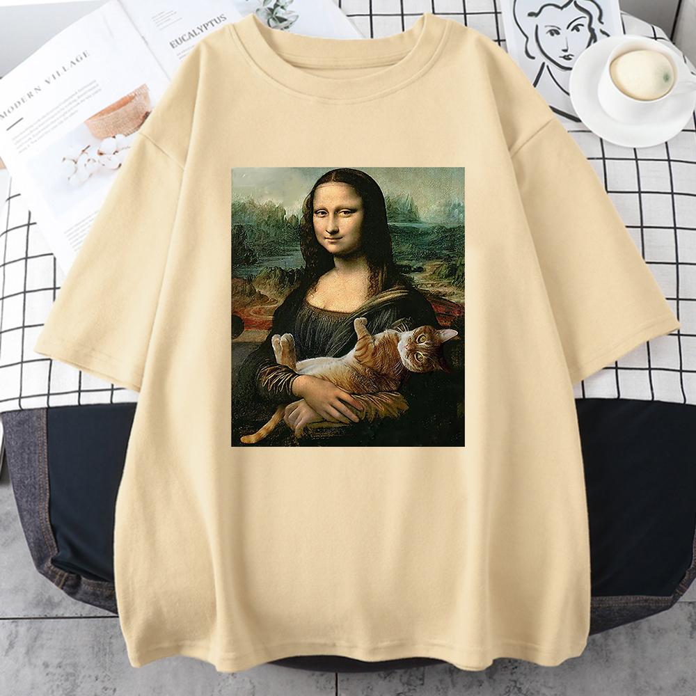 Забавная футболка с принтом «Мона Лиза и кот» для мужчин, летняя хлопковая футболка, свободная дышащая одежда, уличная мода, повседневные футболки с коротким рукавом
