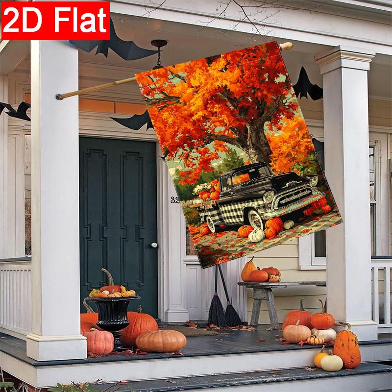 2D Flat - 2D Flat Autumn Thanksgiving Maple Leaf Truck Thanksgiving Garden Flag (1)- Outdoor Garden Flag Double-Sided Home Decoration Courtyard Decora