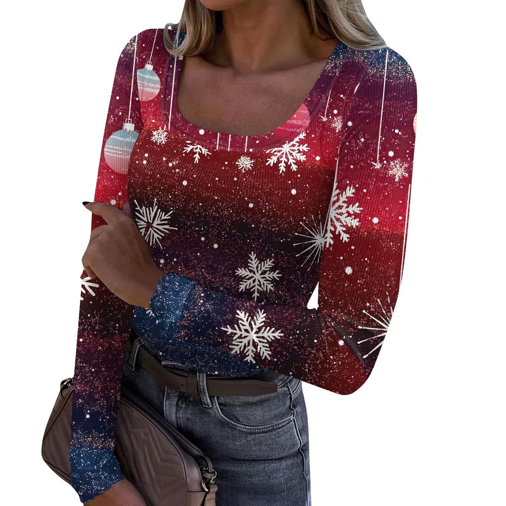 Женская модная футболка с тонким низом, рождественский принт, пуловер с U-образным вырезом и длинными рукавами