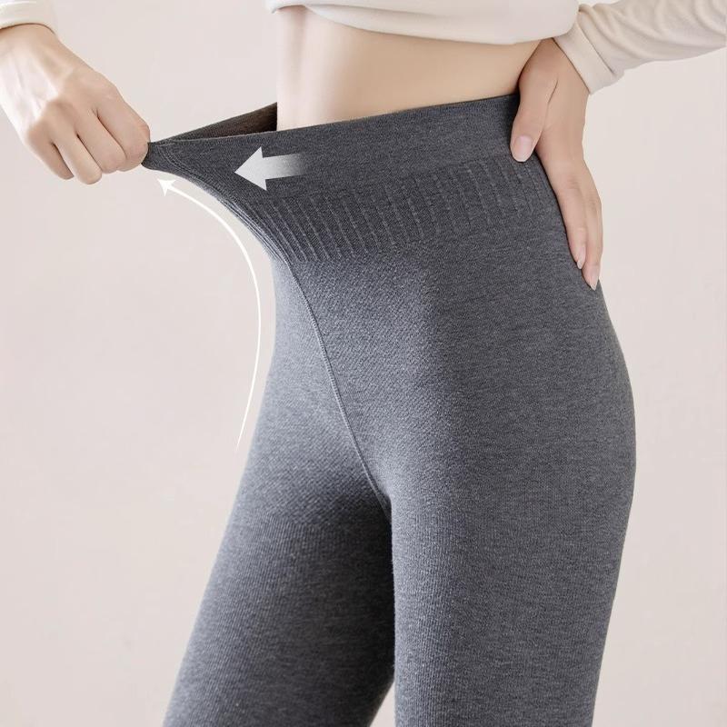 Spring Autumn Winter Women's Gray Vertical Stripe Fleece Lined Thick Warm Outer Wear Pantyhose & Black Compression Slimming Leggings