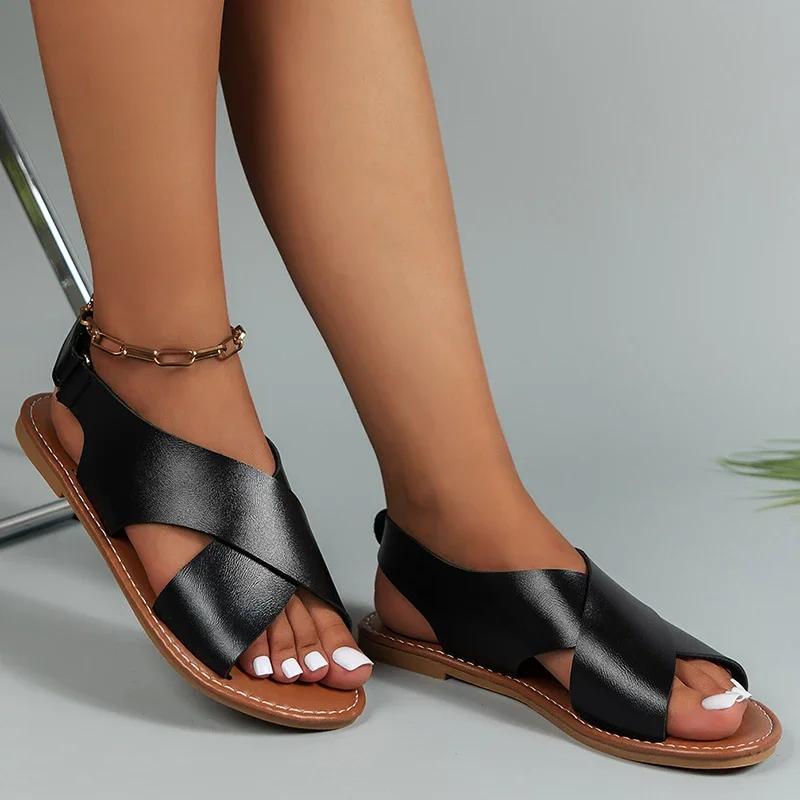 Мода 2024 Осень женские новые модные удобные босоножки кэжуал с открытым носком и низким каблуком