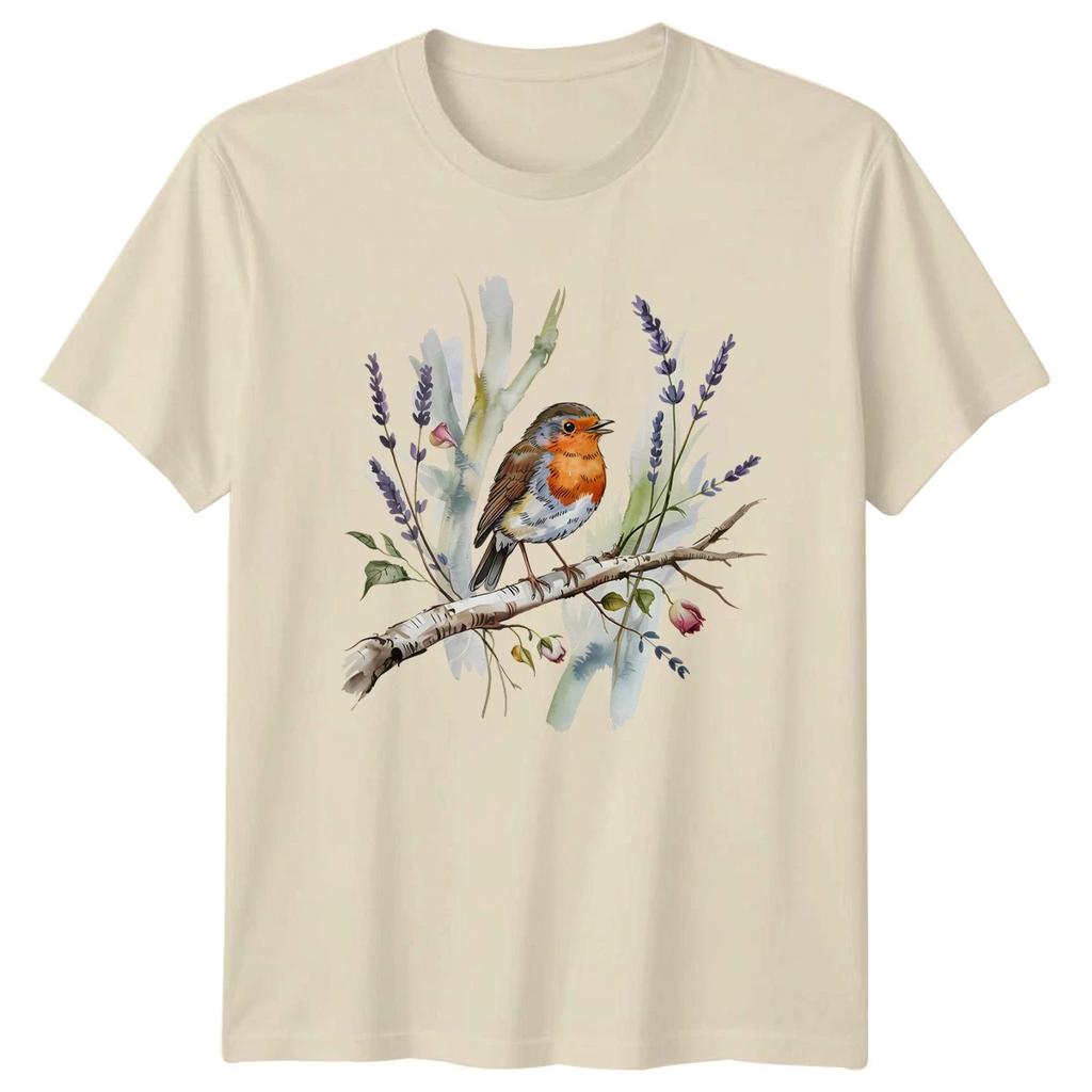 Sweet Watercolor Robin Bird And Womens T-Shirt Lavender Flowers
